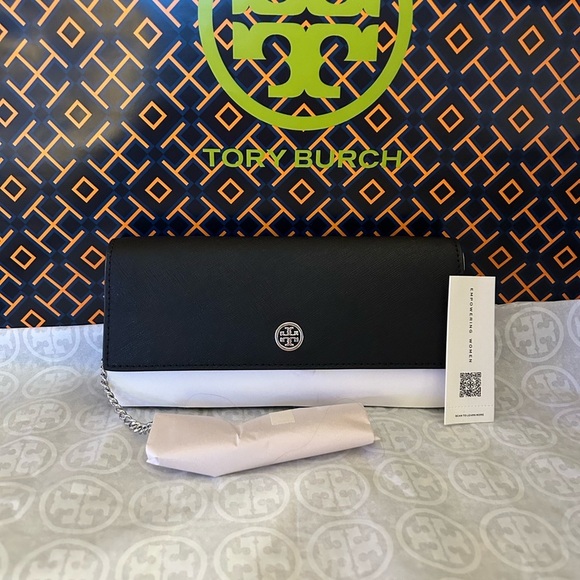 Tory Burch Emerson Wallet on a Chain Crossbody Bag Black Silver - Picture 1 of 12